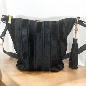 Michael Kors Black Brooklyn Applique Haircalf Feed Bag Purse with Dust Bag